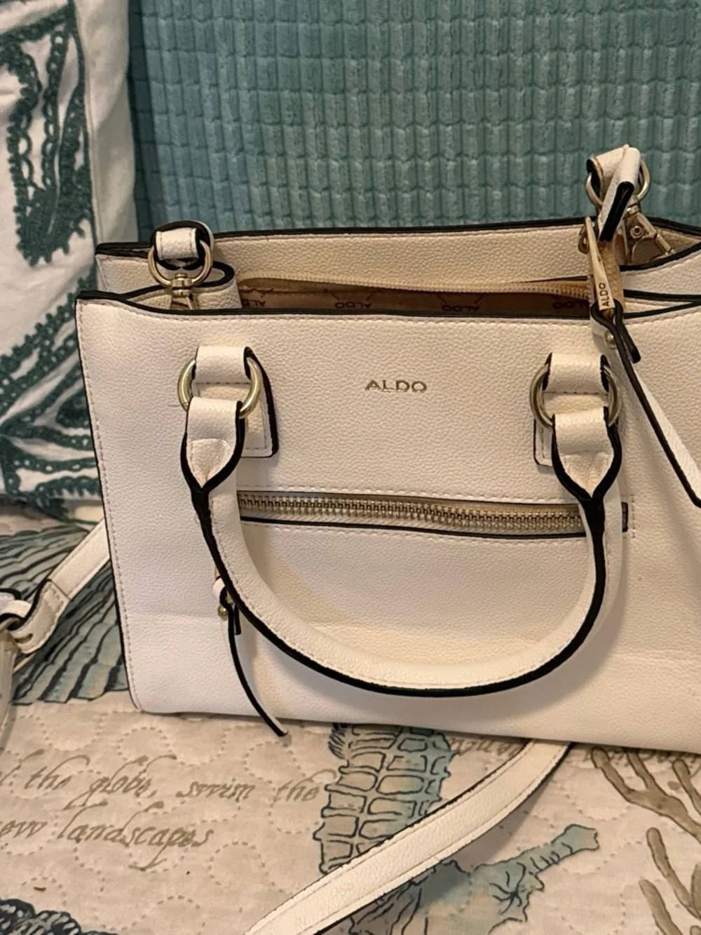 Aldo White Satchel with Black Trim and Gold Hardware